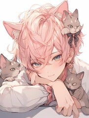 Smiling young man with pink hair and cat ears, blue eyes, cats on head.