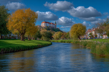 Fototapeta premium an old town in high contrast, a horizontal angle shot of a castle and buildings. The walls are a golden yellow with red roofs, set against a beautiful blue sky with white clouds