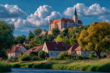 Fototapeta premium an old town in high contrast, a horizontal angle shot of a castle and buildings. The walls are a golden yellow with red roofs, set against a beautiful blue sky with white clouds