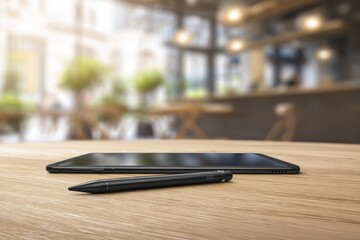 Modern Tablet and Stylus Resting on Wooden Table in Cozy Cafe Setting with Blurred Background of Seating and Natural Light Filtering Through Windows