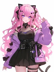 Cute anime girl with pink hair, cat ears, smiling at viewer.