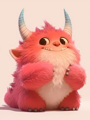 A 3D animated creature with blue horns, pink and white fur, and sharp teeth sits calmly with clasped paws.