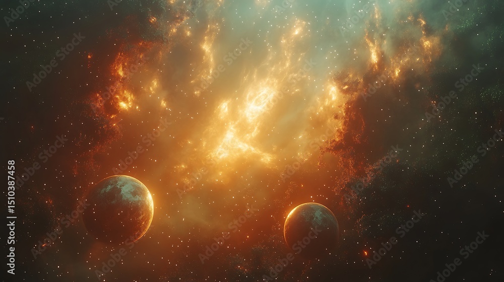 Poster two planets orbiting a glowing nebula in a vast high resolution image of space
