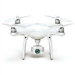 A white drone with camera is isolated on a white background in studio shot.