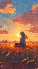 Anime figure with red scarf in serene field