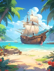 Large wooden ship anchors in ocean, beach and palm trees, tropical island setting.