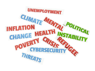 Global Issues written on the pieces of paper scattered in colorful typography, transparent png. Inflation, unemployement, crisis, instability, poverty.