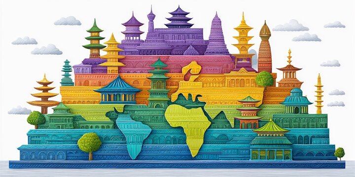 Artistic watercolor of GDP per capita represented as buildings rising over city map