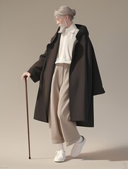 An elderly man with a white beard and mustache, wearing a white shirt and beige pants, holds a cane and wears a long brown coat, looking to his left.