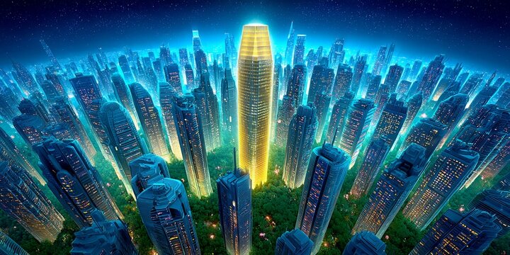 Cyberpunk GDP control tower where AI analyzes economic output in a glowing megacity