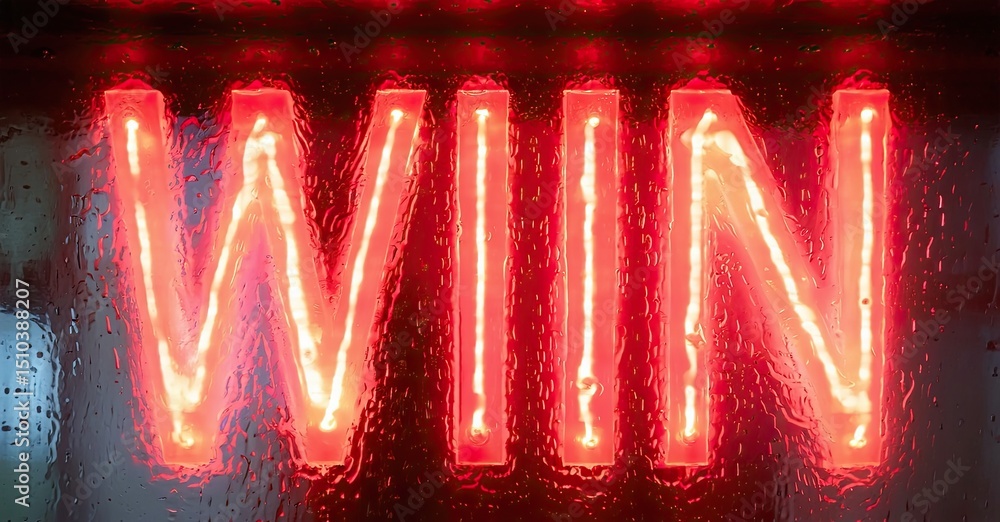 Poster bright red neon sign spells win. wet surface reflects light, creating dramatic effect. dark backgrou
