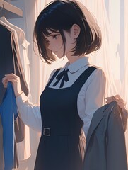 Young woman with short black hair standing in room, wearing white shirt and navy dress with bow tie, holding jacket.