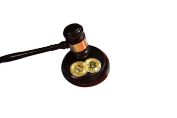 Judiciary gavel with bitcoins on it, transparent with no backdrop. Crypto currency decision, court orders, justice.