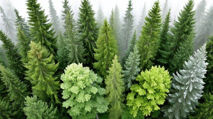 Dense evergreen trees and deciduous foliage blend within misty forest canopy.