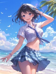 A young woman with blue eyes and black hair stands on a sandy beach, smiling at the viewer with her hair in a ponytail.