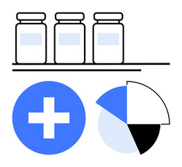 Obraz premium Medicine bottles aligned on a shelf above a blue medical cross and segmented pie chart. Ideal for healthcare, medication, data analysis, research, statistics, pharmacy, and treatment. Flat simple