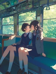 Two anime high school girls on train