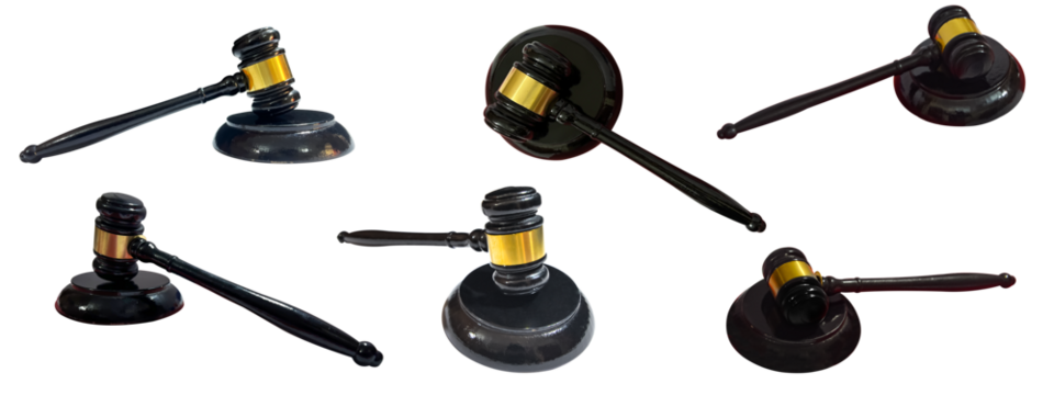 Judiciary concept gavel in multiple poses close up on transparent isolated concept with no backdrop. Judiciary system, gavel order, png