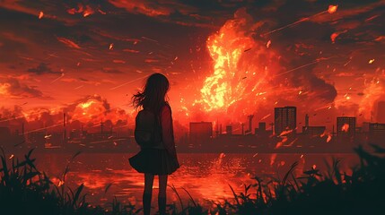 Anime illustration of a young girl standing on a riverbank, gazing out at a cityscape engulfed in a fiery explosion.