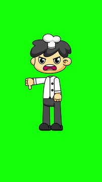 Angry Chef Thumbs Down, Chibi Cartoon Animation, Transparent Greenscreen Loop 