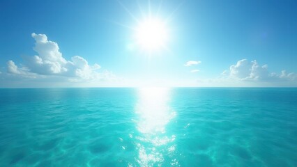 Sunlit turquoise ocean reflecting sunlight with puffy clouds in bright blue sky