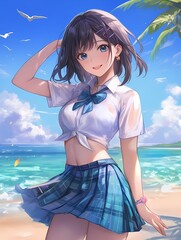 Young woman on beach, smiling, white shirt blue skirt, anime illustration.