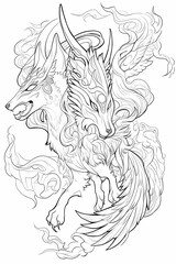 Two mythical creatures, wolf body bird head, monochrome line art, fantasy beasts, intricate designs, contrasting poses, anime illustration.