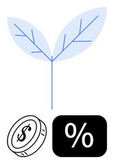 Leaf symbolizing ecology, coin for financial investments, and percentage for interest rates. Ideal for sustainability, finance, growth, eco-investing, economics, environmental impact nature-business
