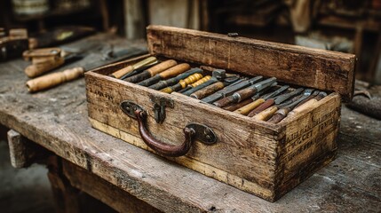 Toolbox Tribute: Open Wooden Case with Aged Metal Tools on a Worn Wood Bench, Celebrating Heritage, Care, and Father’s Day through a Quiet Visual Composition