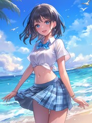 Anime girl with blue eyes and black hair standing on beach.