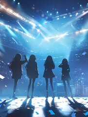 Four female figures in silhouette against vibrant blue lit stage, surrounded by crowd and confetti, bathed in energy of live concert.