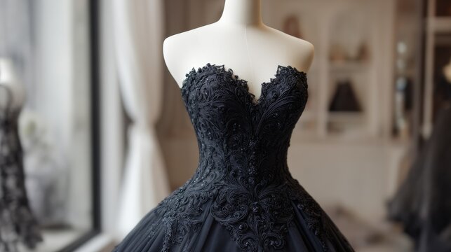 Elegant black lace wedding dress on mannequin in boutique window display