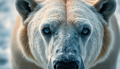 Fototapeta premium Close-up portrait of a polar bear standing on snowy arctic terrain. The image shows sharp detail of the bear’s face, fur, and intense gaze, highlighting strength and survival in a frozen environment