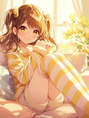 Cheerful anime girl with yellow eyes sitting on cushion in bright sunny room.