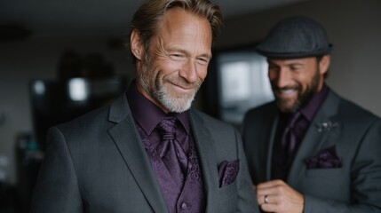 Two men are getting ready for a wedding, with one helping the other adjust his suit. They are dressed in stylish gray suits with purple accents in an indoor setting