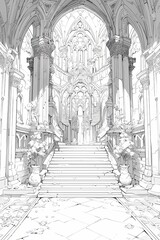 Grand monochromatic staircase, ornate architecture, columns, arches, intricate carvings.