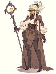 Fantasy female hobgoblin mage character portrait, staff and glowing orb.