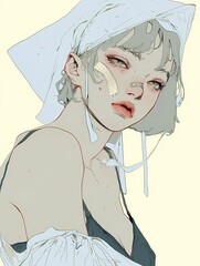 Young person with headscarf, bandage on nose, contemplative expression, anime portrait.