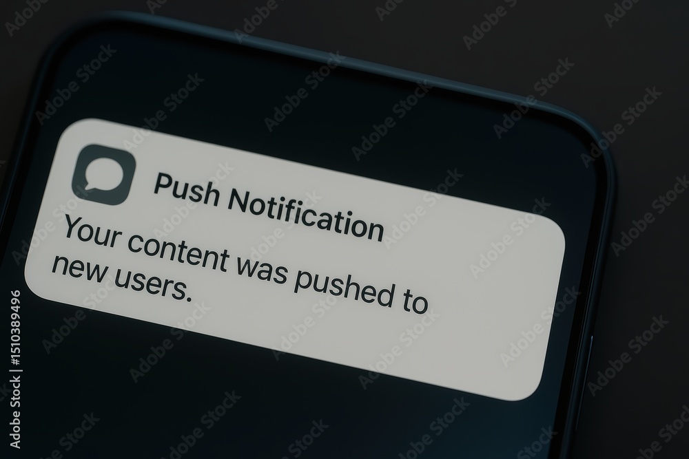 Poster push notification alert on smartphone display showing new user engagement and content update