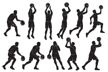 A black and white vector shows a male silhouette playing basketball, outlined in black on a white background, capturing athletic movement.


