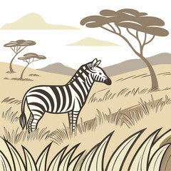 Obraz premium Zebra in Savanna Illustration, Cartoon Zebra in Landscape, African Landscape with Zebra.