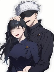 Man with white hair and blindfold, woman with black hair, romantic embrace, smiling couple