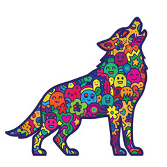 A vibrant vector background shows a doodle style wolf drawn with colorful lines and shapes, combining whimsy and creativity in every detail.