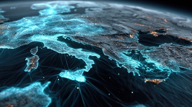 A globe with a network of lines and dots surrounding it