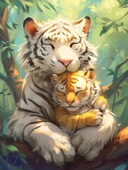 Anime mother tiger and cub in forest