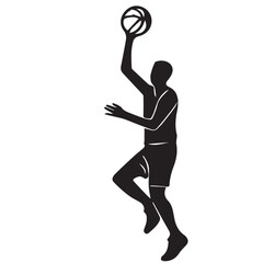 A black and white vector shows a male silhouette performing a basketball lay up, outlined in black against a plain and clean white background.