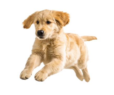 Energetic golden retriever puppy jumping in playful action on a transparent background, cut out