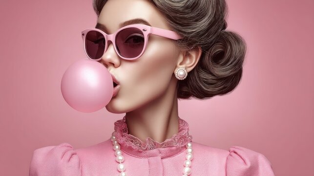 A stylish woman, adorned with sunglasses, blows a large pink bubble gum, styled with vintage flair.