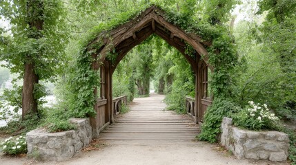 Fototapeta premium Wooden bridge covered in green vines stretches through a lush green park.