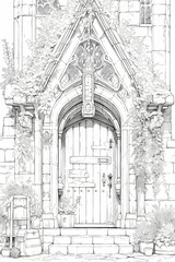 Grand entrance with ornate archway, carvings, vines, potted plant, stone door.